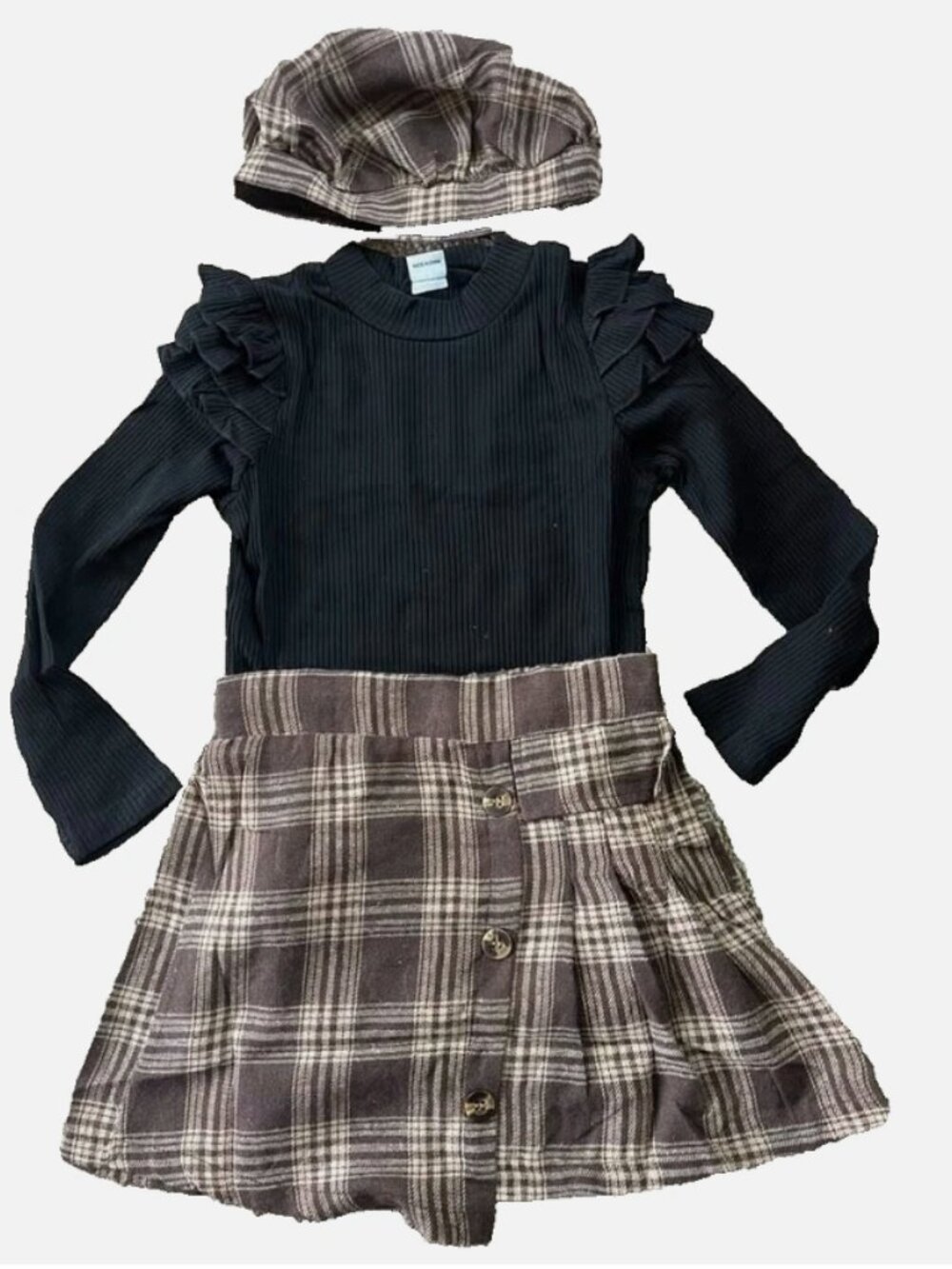Girl's 3-Piece Outfit (Plaid Skirt, Ruffle Long Sleeve, Beret) - 11/12 - New